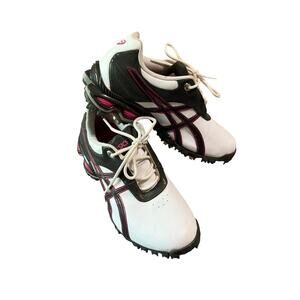 Asics White and Black Athletic Shoes with Pink Highlights